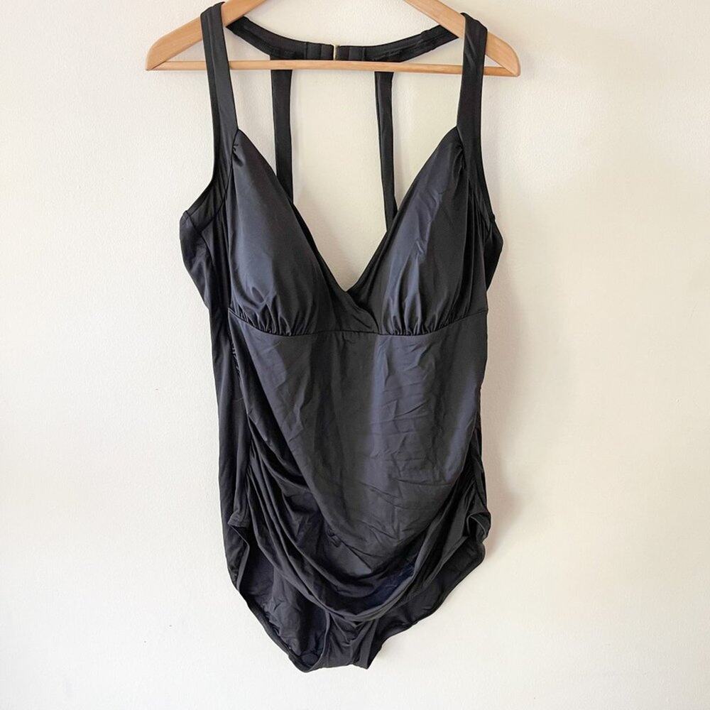 Badgley Mischka Ruched One Piece Swimsuit Womens 24W Black V Neck Swim NEW